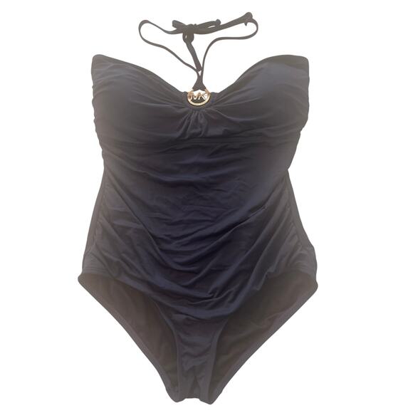 Michael Kors Midnight Blue Gold Detail Tie Neck Size 14 Padded One Piece Swim - Picture 1 of 9